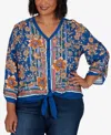 Ruby Rd. Plus Size Floral Vines Tied Button Front Blouse In Cobolt Multi