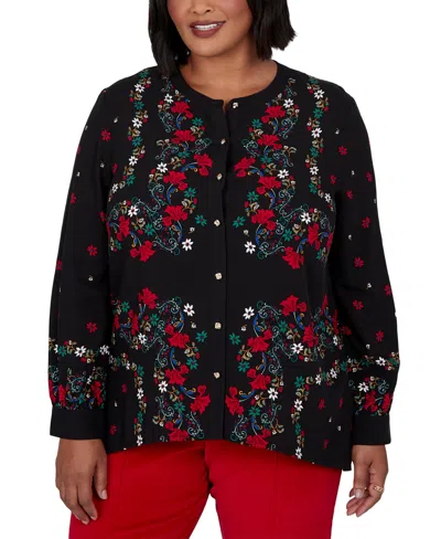 Ruby Rd. Plus Size Floral-print Long-sleeve Button-front Blouse In Black