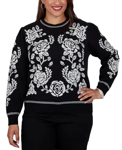 Ruby Rd. Plus Size Floral-print Long-sleeve Crewneck Pullover Sweater In Multi