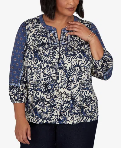 Ruby Rd. Plus Size Foliage Floral Henley 3/4-sleeve Top In Multi