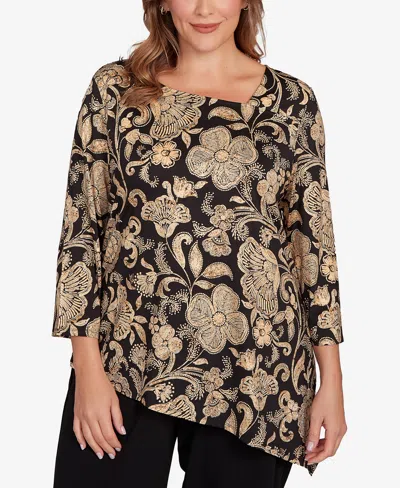 Ruby Rd. Plus Size Gold Foil Floral Printed Knit Top In Multi