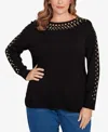 Ruby Rd. Plus Size Grommet Embellished Fine Gauge Sweater In Black