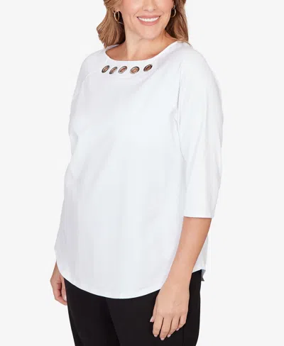 Ruby Rd. Plus Size Grommet Neck Solid Knit Top In White
