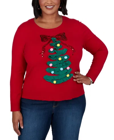 Ruby Rd. Plus Size Holiday Ruffle Crewneck Pullover In Red