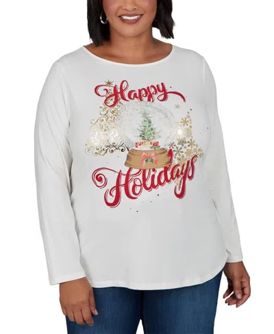 Ruby Rd. Plus Size Holidays Long-sleeve Crewneck Cotton-blend T-shirt In White