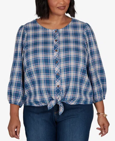 Ruby Rd. Plus Size Homestead Plaid 3/4-sleeve Button-front Top In Blue