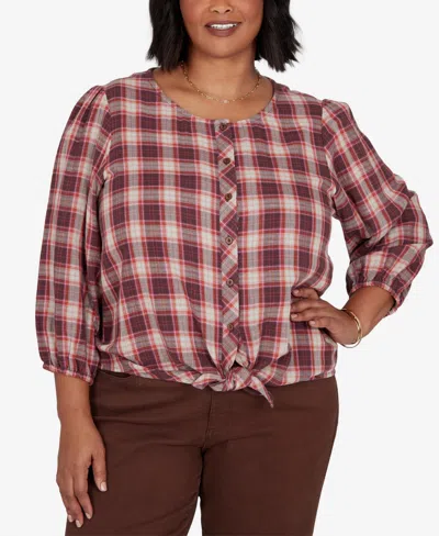 Ruby Rd. Plus Size Homestead Plaid 3/4-sleeve Button-front Top In Pink