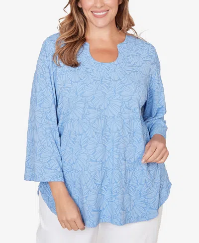 Ruby Rd. Plus Size Horseshoe Neck Solid Floral Jacquard Top In Blue