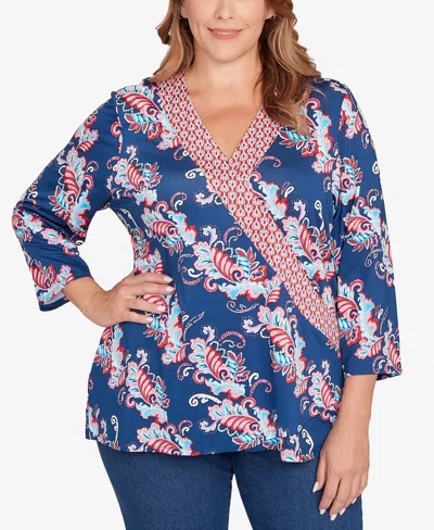 Ruby Rd. Plus Size Ikat Floral Puff Print Surplice Top In Blue