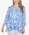 Ruby Rd. Plus Size Jacobean Paisley Puff Print V-neck Top In Bluebird Multi