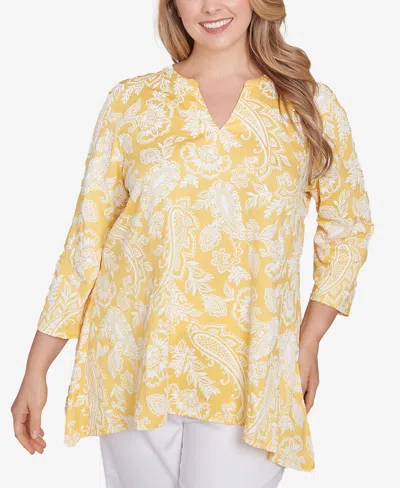 Ruby Rd. Plus Size Jacobean Paisley Puff Print V-neck Top In Lemon Multi