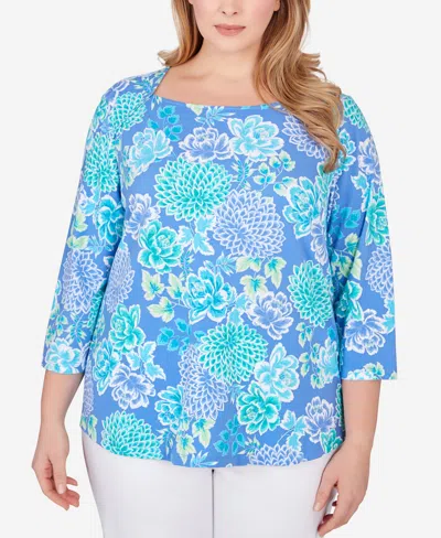 Ruby Rd. Plus Size Japanese Mums Top In Blue Moon Multi