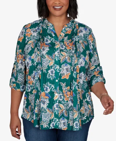 Ruby Rd. Plus Size Kensington Henley 3/4-sleeve Floral Blouse In Green