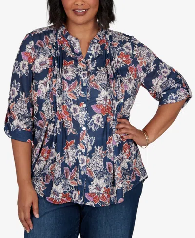 Ruby Rd. Plus Size Kensington Henley 3/4-sleeve Floral Blouse In Blue