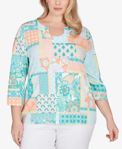 Ruby Rd. Plus Size Knit Patchwork Top In Clear Blue Multi