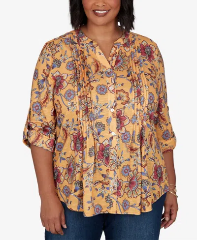 Ruby Rd. Plus Size Knit Vines Floral 3/4-sleeve Henley Blouse In Yellow