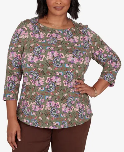 Ruby Rd. Plus Size Knt Garden Square Neck 3/4-sleeve Floral Cotton-blend T-shirt In Multi