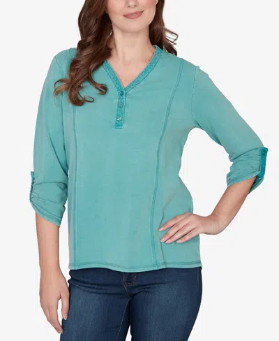 Ruby Rd. Plus Size Lace Applique French Terry Top In Blue