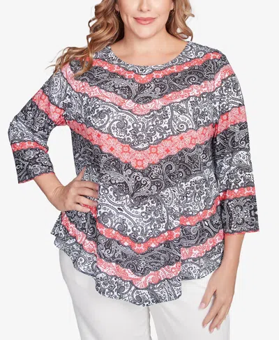 Ruby Rd. Plus Size Lace Chevron Sublimation Jersey Scoop Neck Top In Black Multi