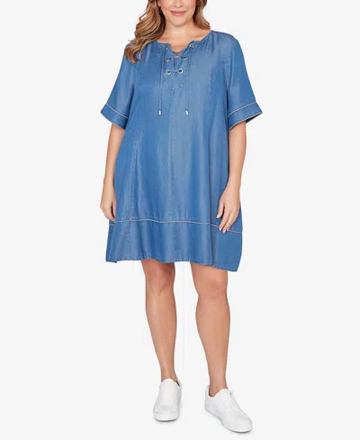 Ruby Rd. Plus Size Lace-up Tm Tipped Dress In Blue