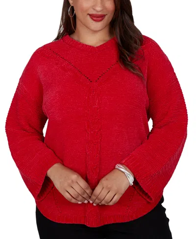 Ruby Rd. Plus Size Luster Cable-knit Long-sleeve Crewneck Pullover In Red