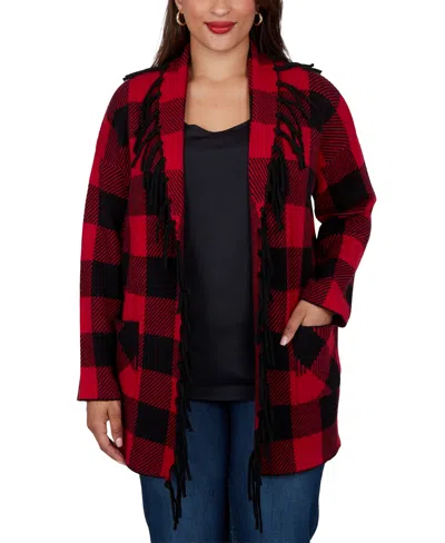 Ruby Rd. Plus Size Luxe Open-front Plaid Long-sleeve Cardigan In Red