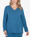 Ruby Rd. Plus Size Luxe Rib V-neck Button Accent Knit Top In Blue