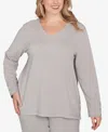 Ruby Rd. Plus Size Luxe Rib V-neck Button Accent Knit Top In Gray