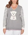 Ruby Rd. Plus Size Maltese Puppy Striped Sleeve Sweater In Green
