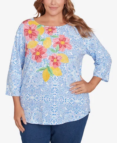 Ruby Rd. Plus Size Medallion Bold Floral Top In Bluebird Multi
