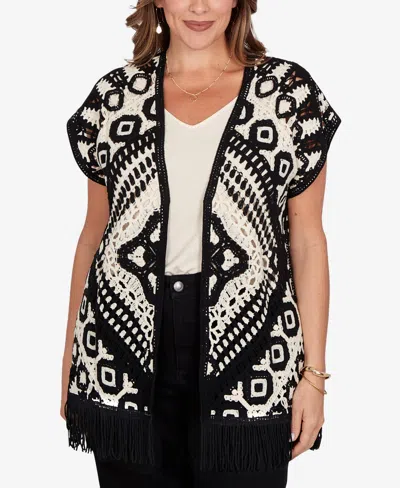 Ruby Rd. Plus Size Medallion Crochet Fringe Sleeveless Cardigan In Black