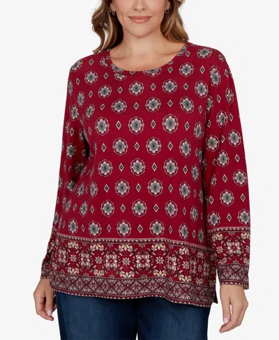 Ruby Rd. Plus Size Medallion Long-sleeve Scoop Neck Top In Red