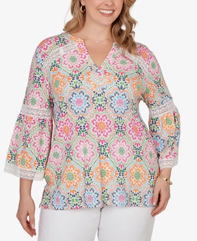 Ruby Rd. Plus Size Medallion Print Lace Detail Knit Top In Multi