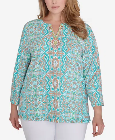 Ruby Rd. Plus Size Medallion Stretch Knit Top In Clear Blue Multi