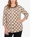 Ruby Rd. Plus Size Mesh Textured Geo Puff Print Top In Brown