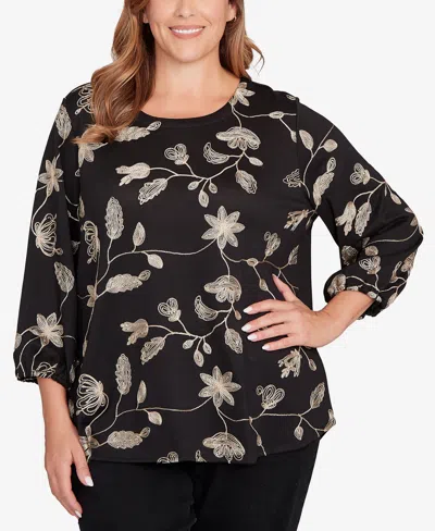 Ruby Rd. Plus Size Metallic Embroidered Floral Top In Black