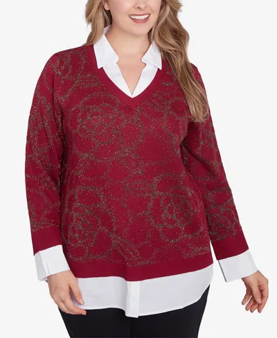 Ruby Rd. Plus Size Metallic Floral Layered Shirt Collar Sweater In Beet Multi