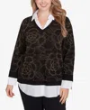 Ruby Rd. Plus Size Metallic Floral Layered Shirt Collar Sweater In Black,gold