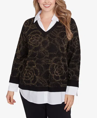 Ruby Rd. Plus Size Metallic Floral Layered Shirt Collar Sweater In Black,gold