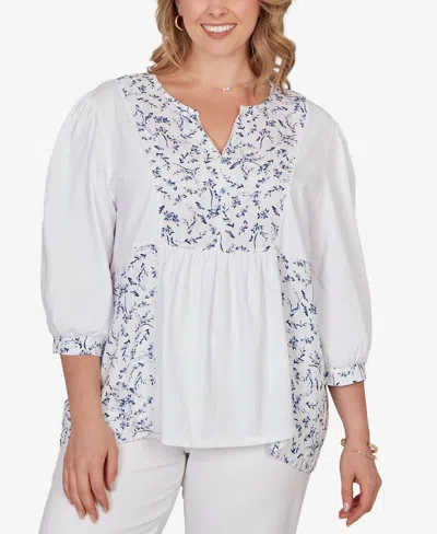 Ruby Rd. Plus Size Mixed Fabric Sharkbite Knit Top In White