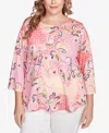 Ruby Rd. Plus Size Mixed Pattern Sublimation Knit Crew Neck Top In Pink
