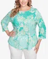 Ruby Rd. Plus Size Mixed Pattern Sublimation Knit Crew Neck Top In Parrot Multi