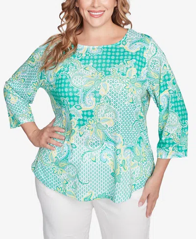 Ruby Rd. Plus Size Mixed Pattern Sublimation Knit Crew Neck Top In Parrot Multi