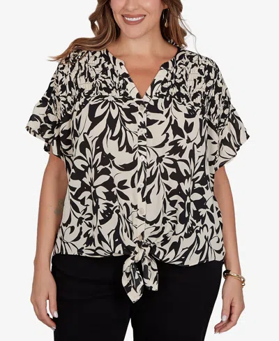 Ruby Rd. Plus Size Mono Floral Button Tie Front T-shirt In Multi