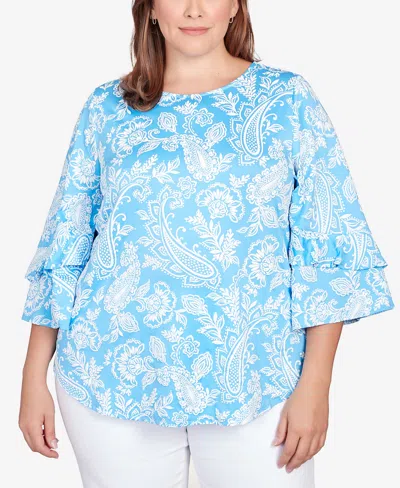 Ruby Rd. Plus Size Monotone Paisley Puff Print Party Top In Blue
