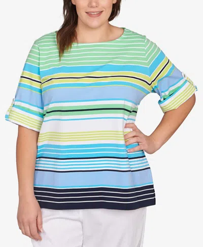 Ruby Rd. Plus Size Multi Stripe Roll Tab Top