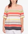 Ruby Rd. Plus Size Multi Stripe Roll Tab Top