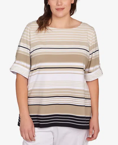 Ruby Rd. Plus Size Multi Stripe Roll Tab Top