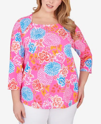 Ruby Rd. Plus Size Mums Stretch Cotton Top In Raspberry Multi