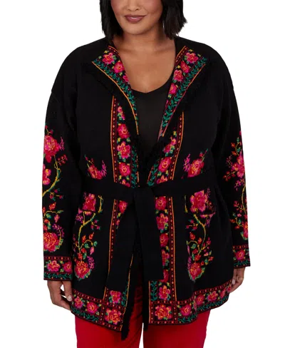 Ruby Rd. Plus Size New Neutrals Floral Shawl Collar Cardigan In Black